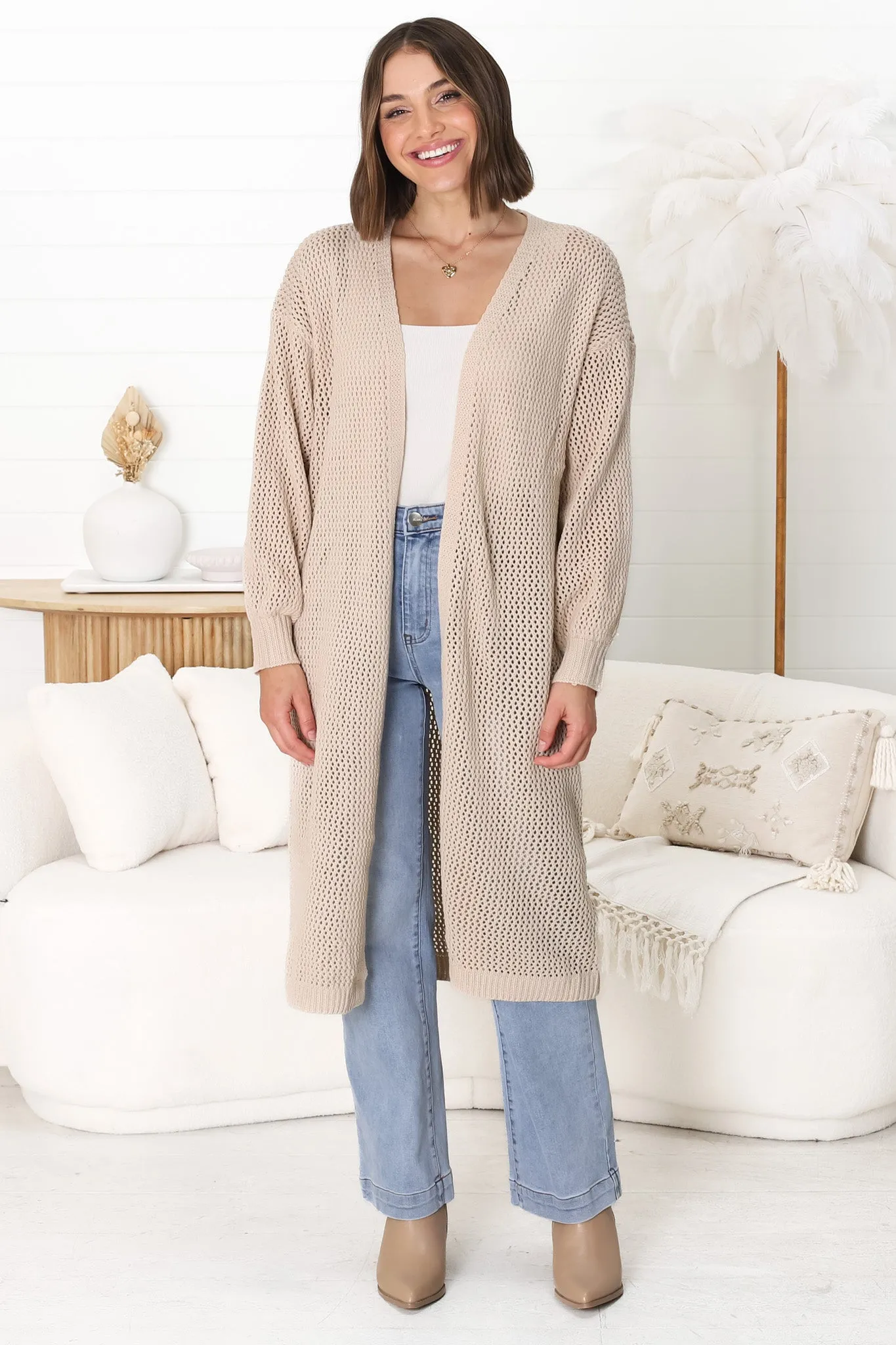 Melrose Cardigan - Longline Open Front Cardigan in Beige sold by Salty Crush product image thumbnail 5