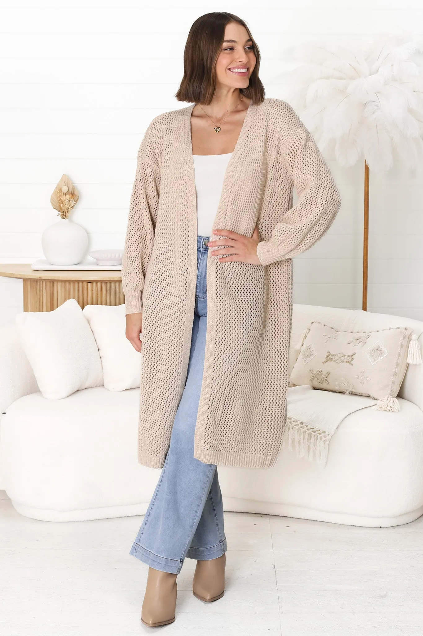 Melrose Cardigan - Longline Open Front Cardigan in Beige sold by Salty Crush product image thumbnail 4