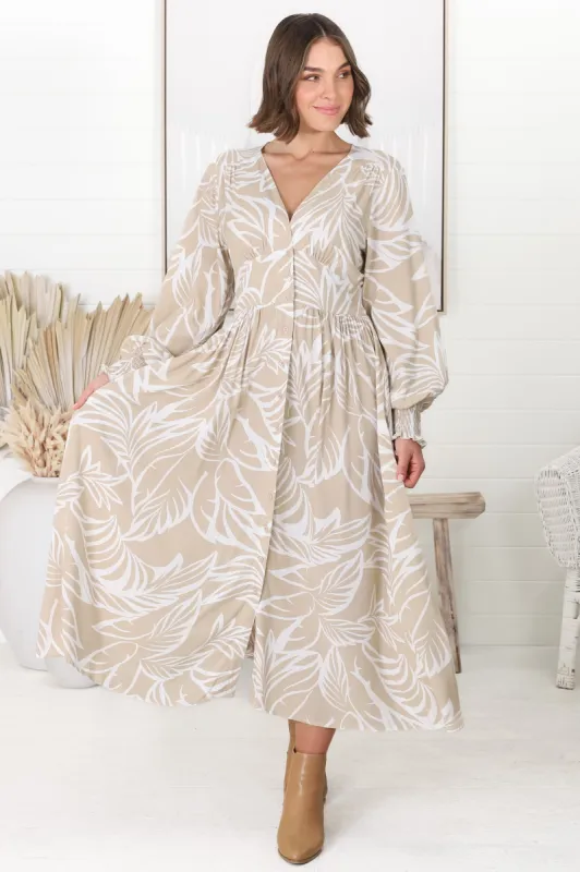 Jolie Midi Dress - V Neck Buttoned Down Long Sleeve Dress in Jeani Print Beige sold by Salty Crush