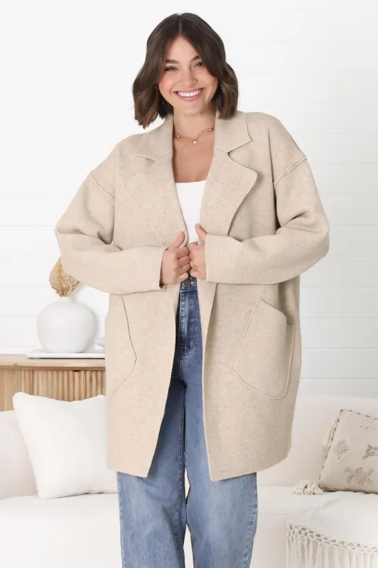 Kierce Cardigan - Folded Lapel Collar Coatigan with Pockets in Beige sold by Salty Crush