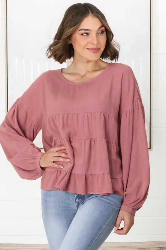 Gabby Top - Tiered Linen Top in Rose sold by Salty Crush