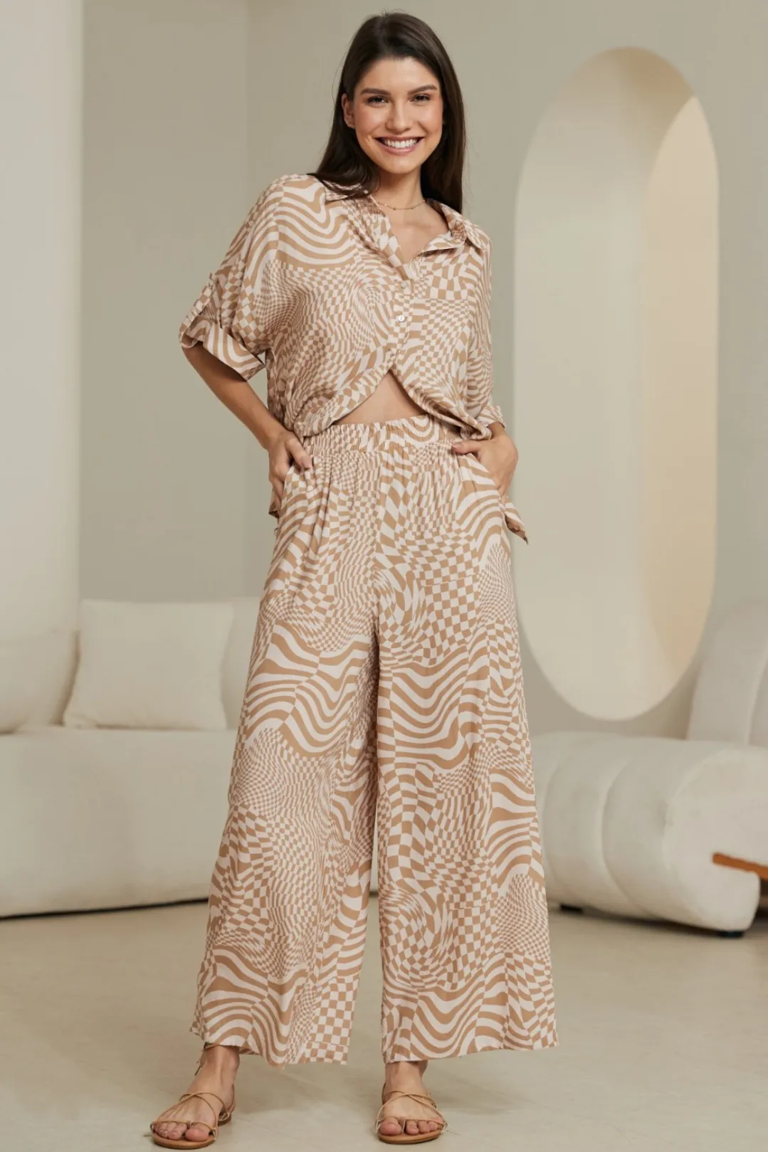 Mavie Pants - High Waisted Straight Leg Pants with Pockets in Abstract Print sold by Salty Crush