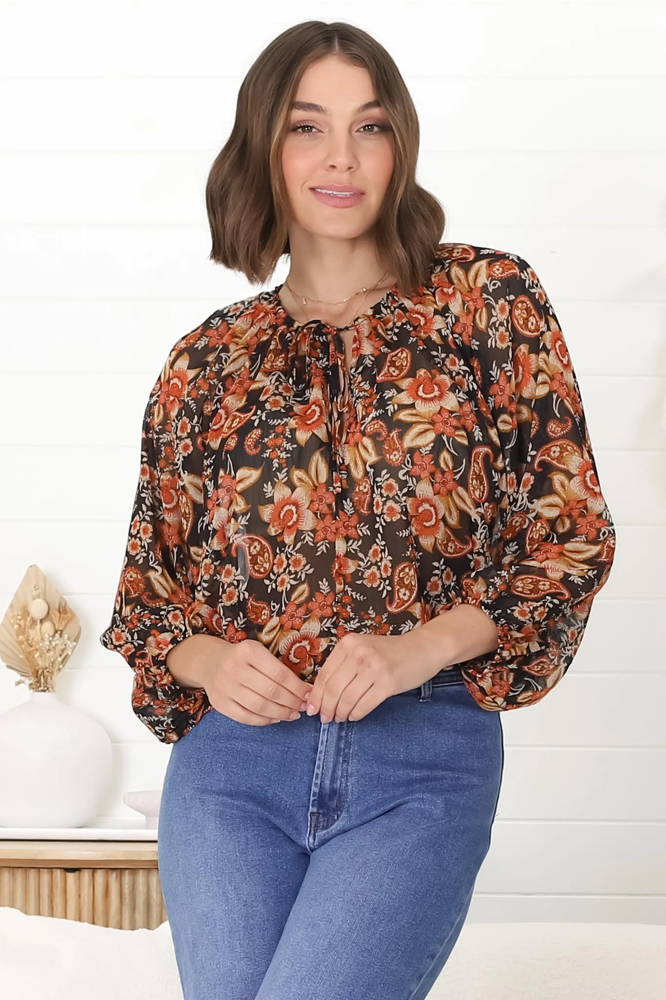 Marietta Top - Pull Over Plisse Blouse with Gold Tinsel Threading in Avilla Print sold by Salty Crush product image thumbnail 5