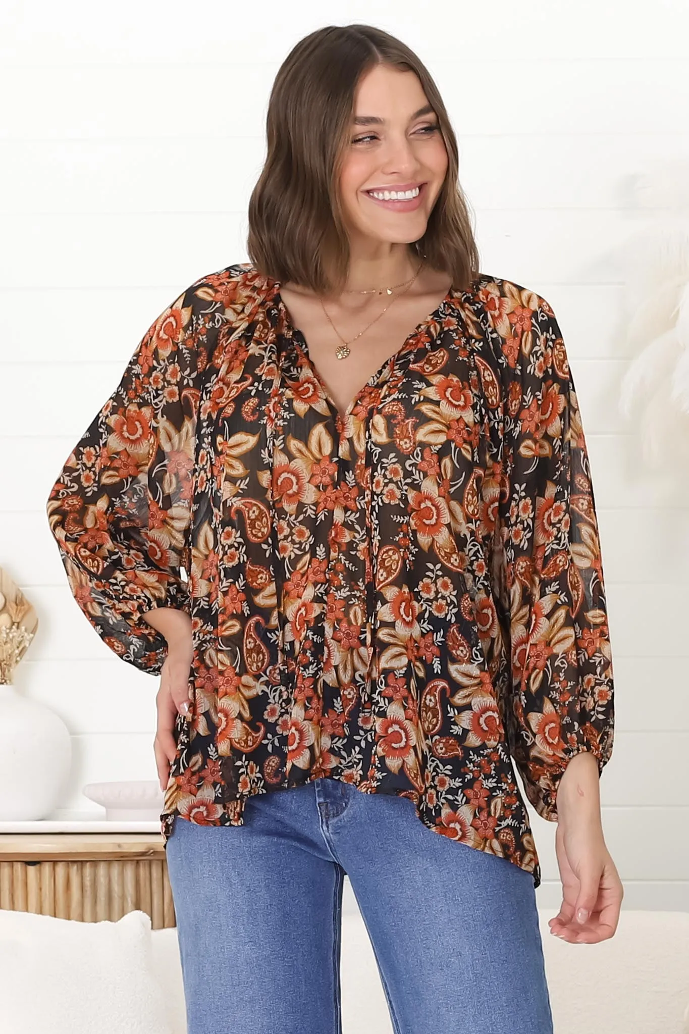 Marietta Top - Pull Over Plisse Blouse with Gold Tinsel Threading in Avilla Print sold by Salty Crush product image thumbnail 2