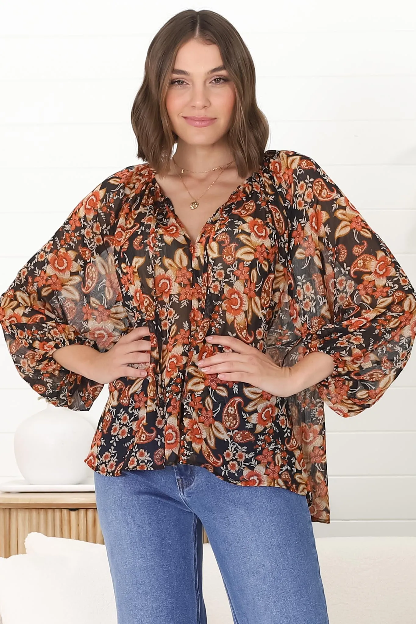 Marietta Top - Pull Over Plisse Blouse with Gold Tinsel Threading in Avilla Print sold by Salty Crush product image thumbnail 3