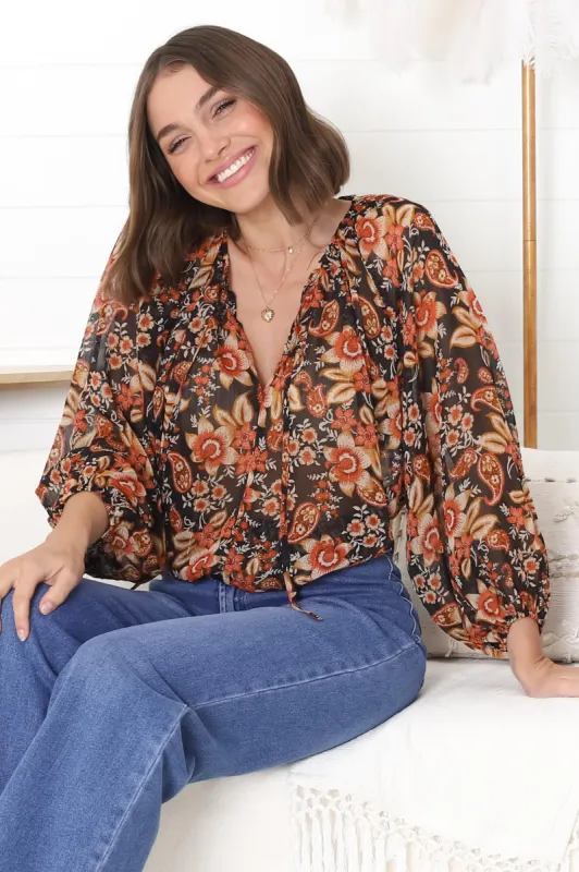 Marietta Top - Pull Over Plisse Blouse with Gold Tinsel Threading in Avilla Print sold by Salty Crush