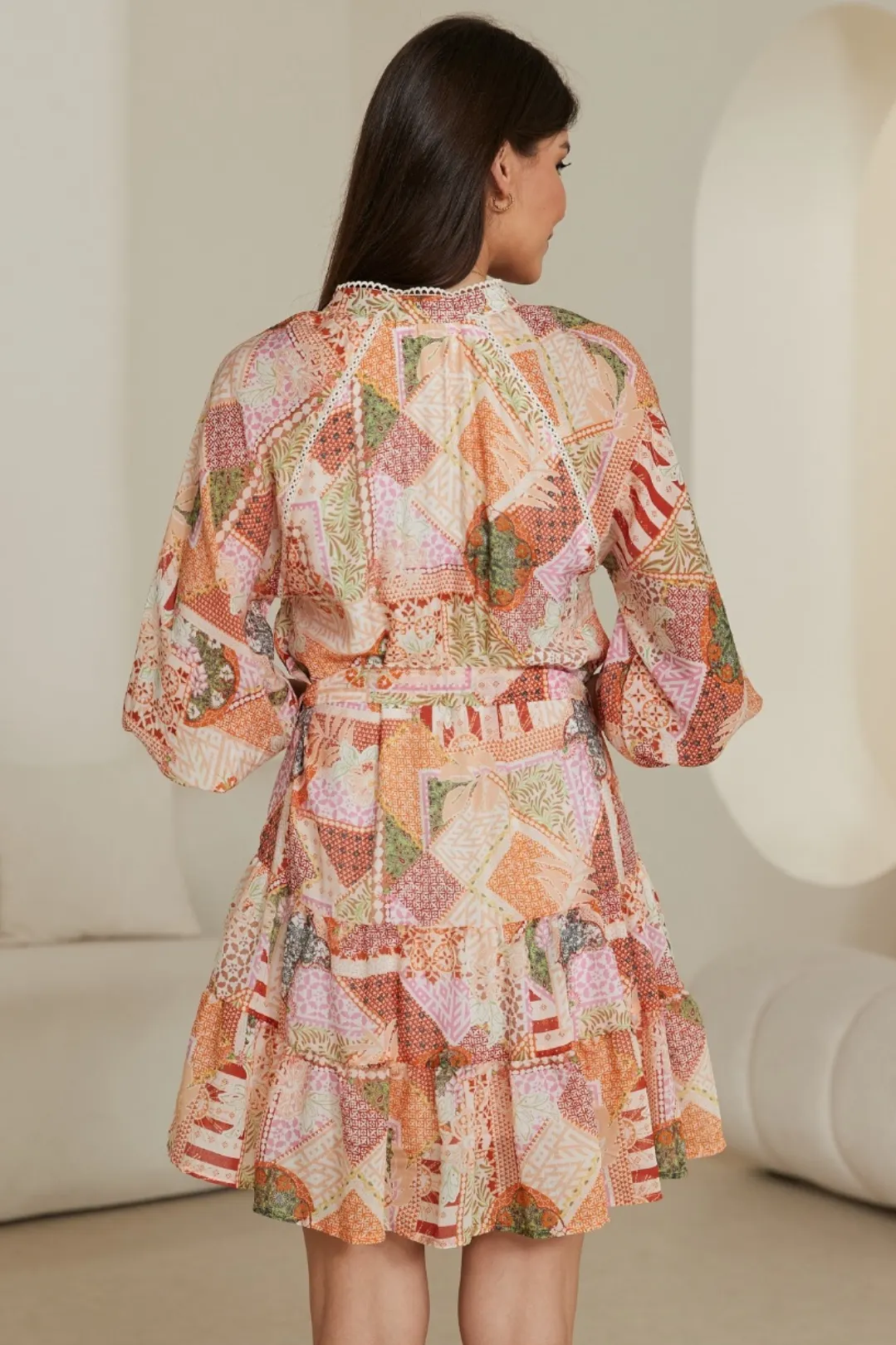 Mary Mini Dress - Mandarin Collar Button Down Dress with Matching Waist Tie in Patchwork Print sold by Salty Crush product image thumbnail 3