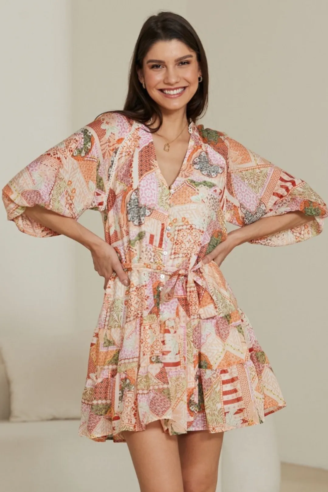 Mary Mini Dress - Mandarin Collar Button Down Dress with Matching Waist Tie in Patchwork Print sold by Salty Crush