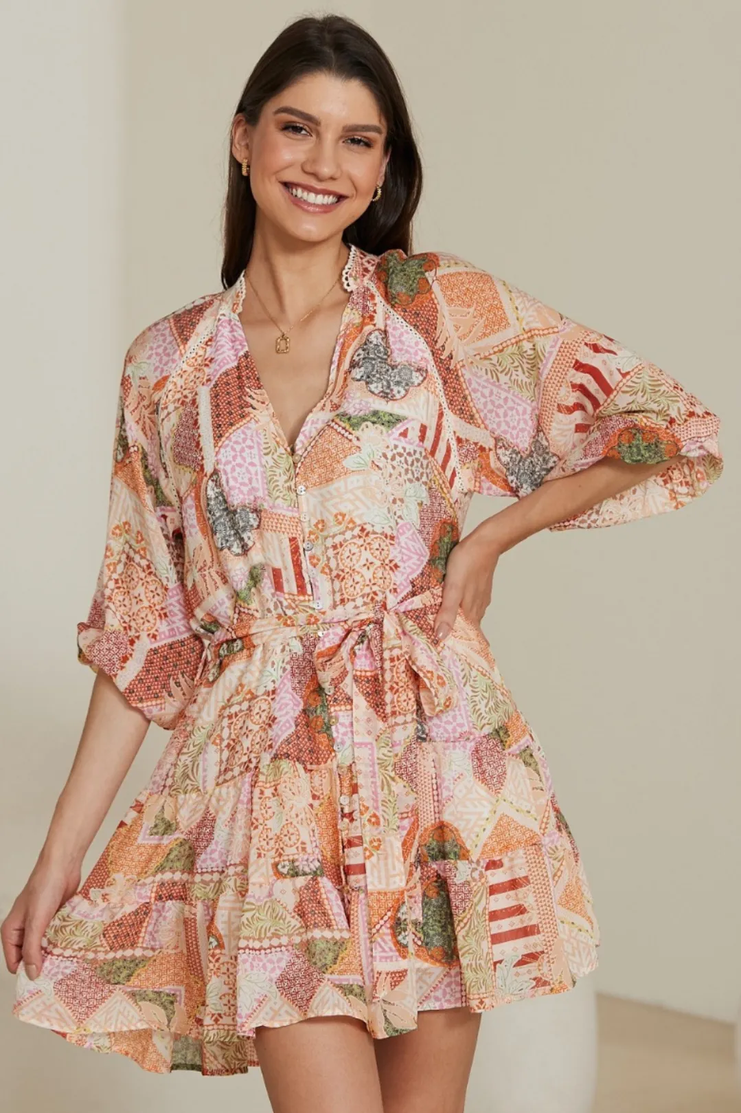 Mary Mini Dress - Mandarin Collar Button Down Dress with Matching Waist Tie in Patchwork Print sold by Salty Crush product image thumbnail 2
