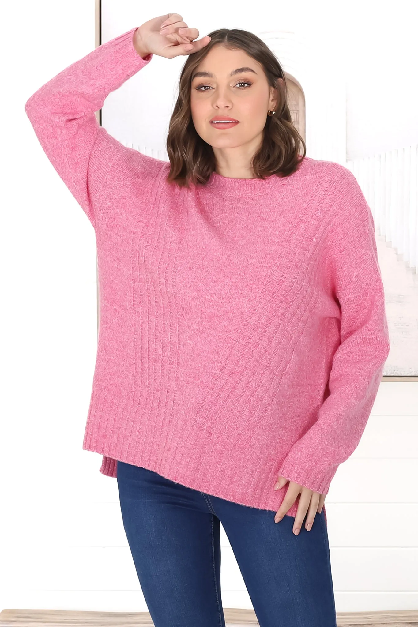 Taffie Jumper - Ribbed V Detail Step Hem Jumper in Pink sold by Salty Crush product image thumbnail 3