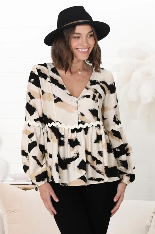 Hills Blouse - Buttoned Bodice Rick Rack Detail Smock Shirt in Raye Print Black sold by Salty Crush