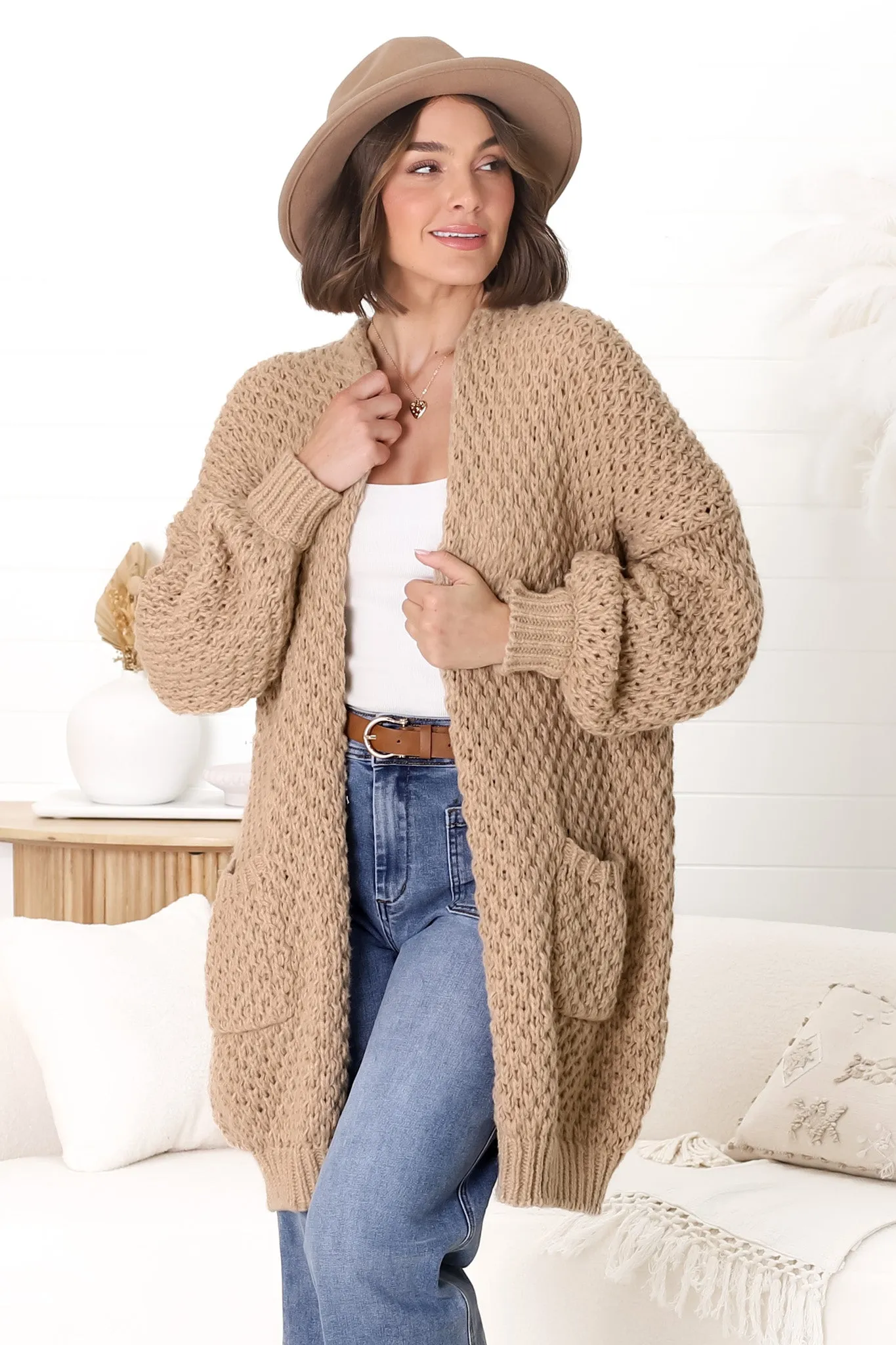 Ricki Cardigan - Open Front Chunky Knit Cardigan in Camel sold by Salty Crush product image thumbnail 4