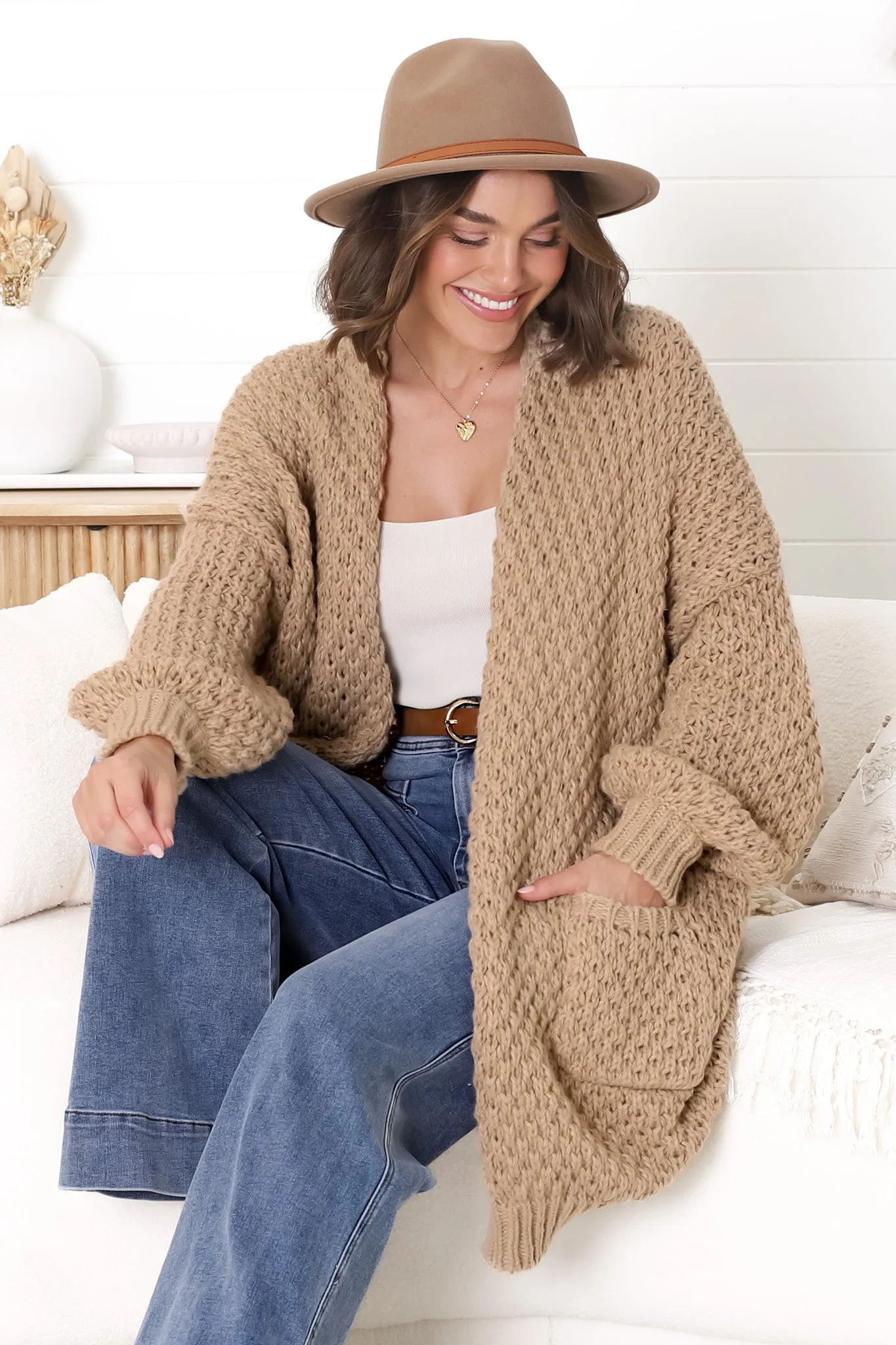 Ricki Cardigan - Open Front Chunky Knit Cardigan in Camel sold by Salty Crush product image thumbnail 5