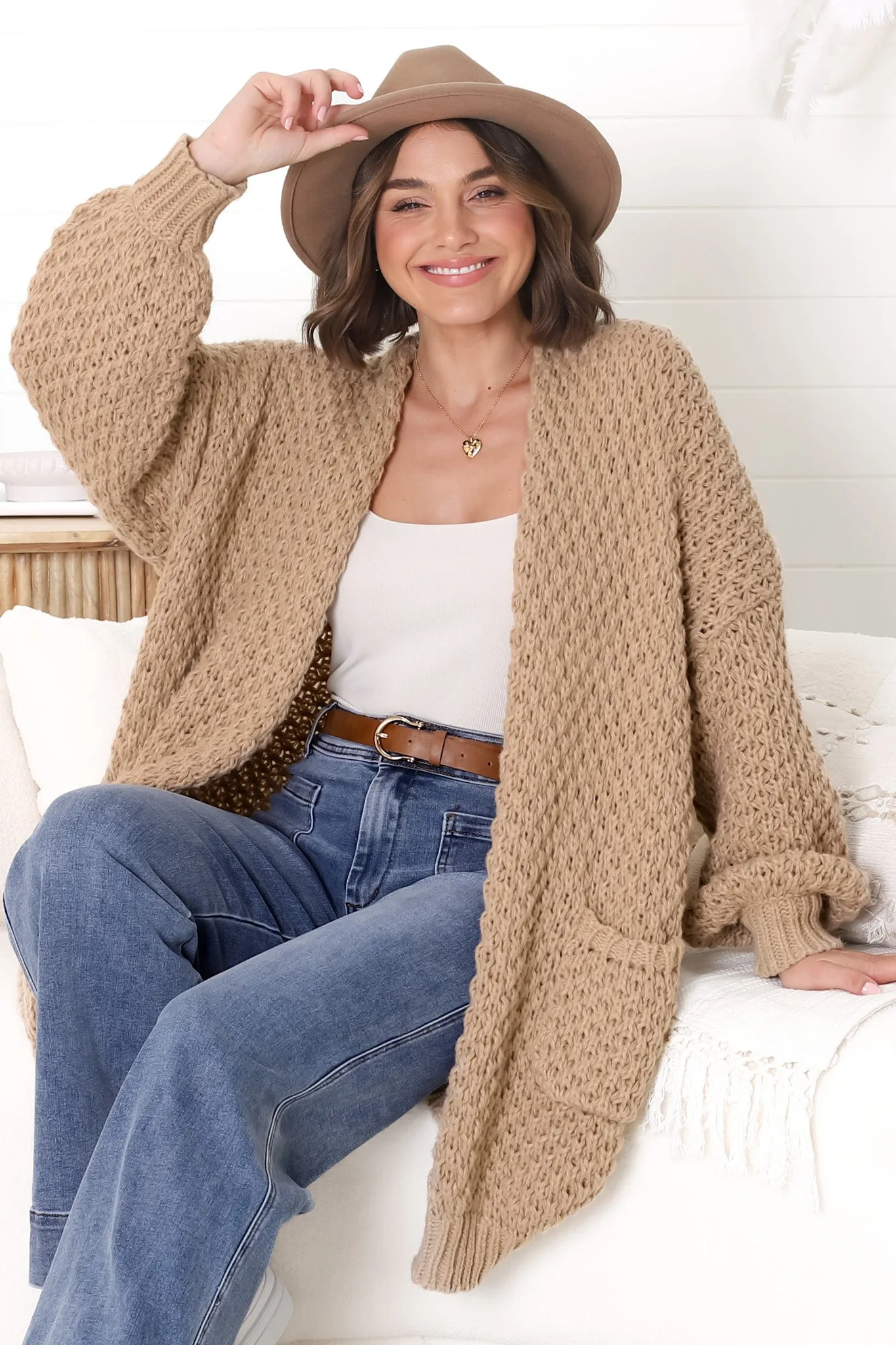 Ricki Cardigan - Open Front Chunky Knit Cardigan in Camel sold by Salty Crush product image thumbnail 2
