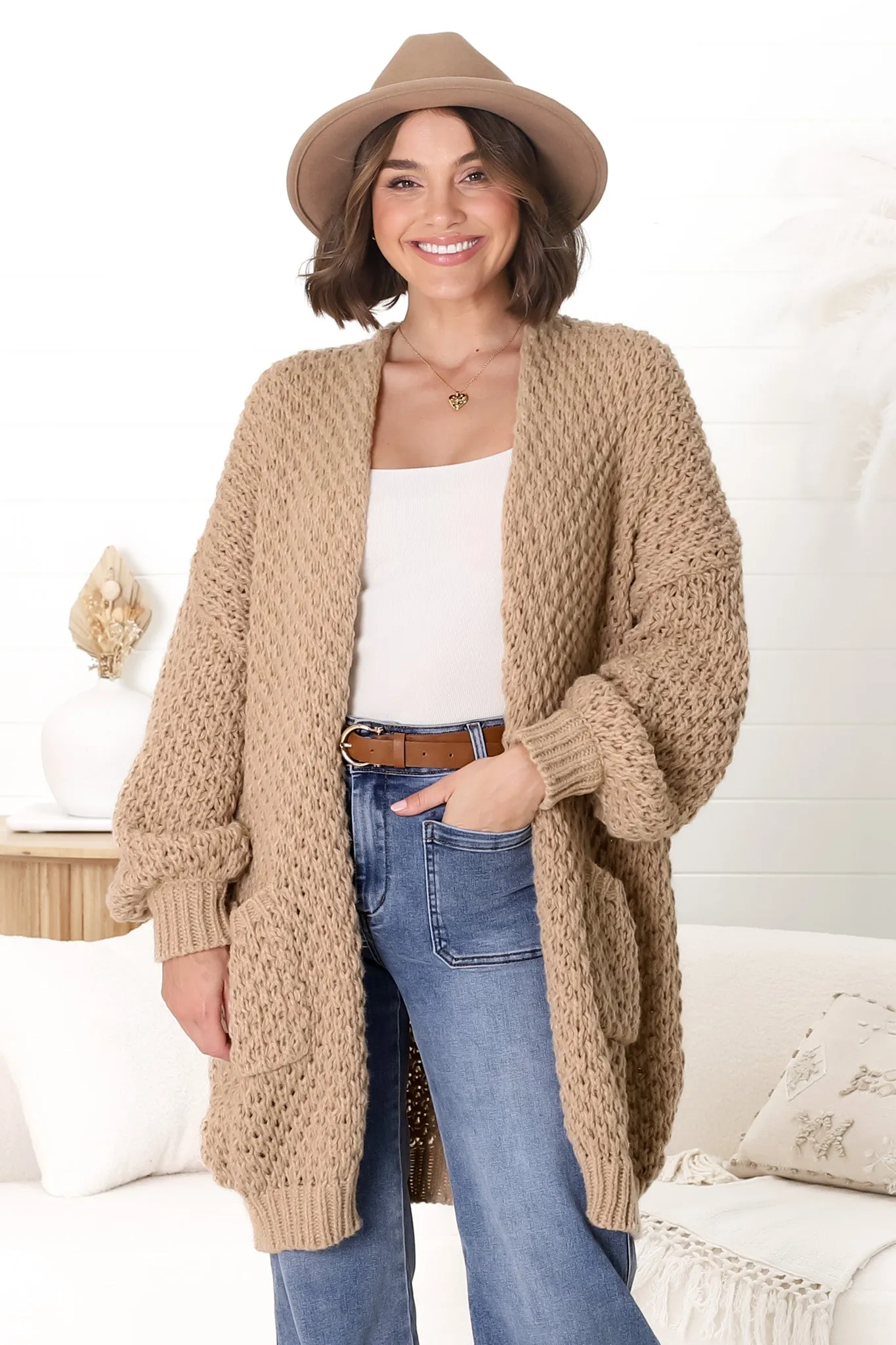 Ricki Cardigan - Open Front Chunky Knit Cardigan in Camel sold by Salty Crush product image thumbnail 3