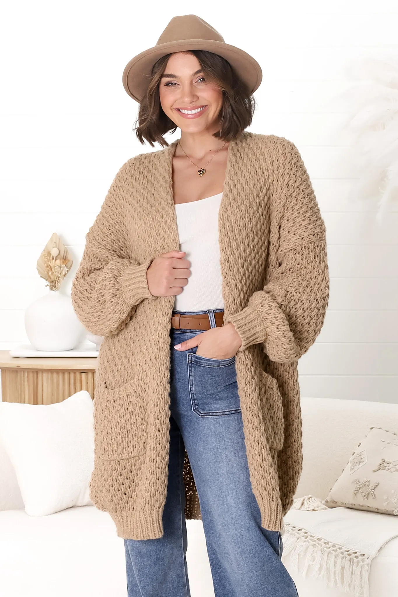 Ricki Cardigan - Open Front Chunky Knit Cardigan in Camel sold by Salty Crush
