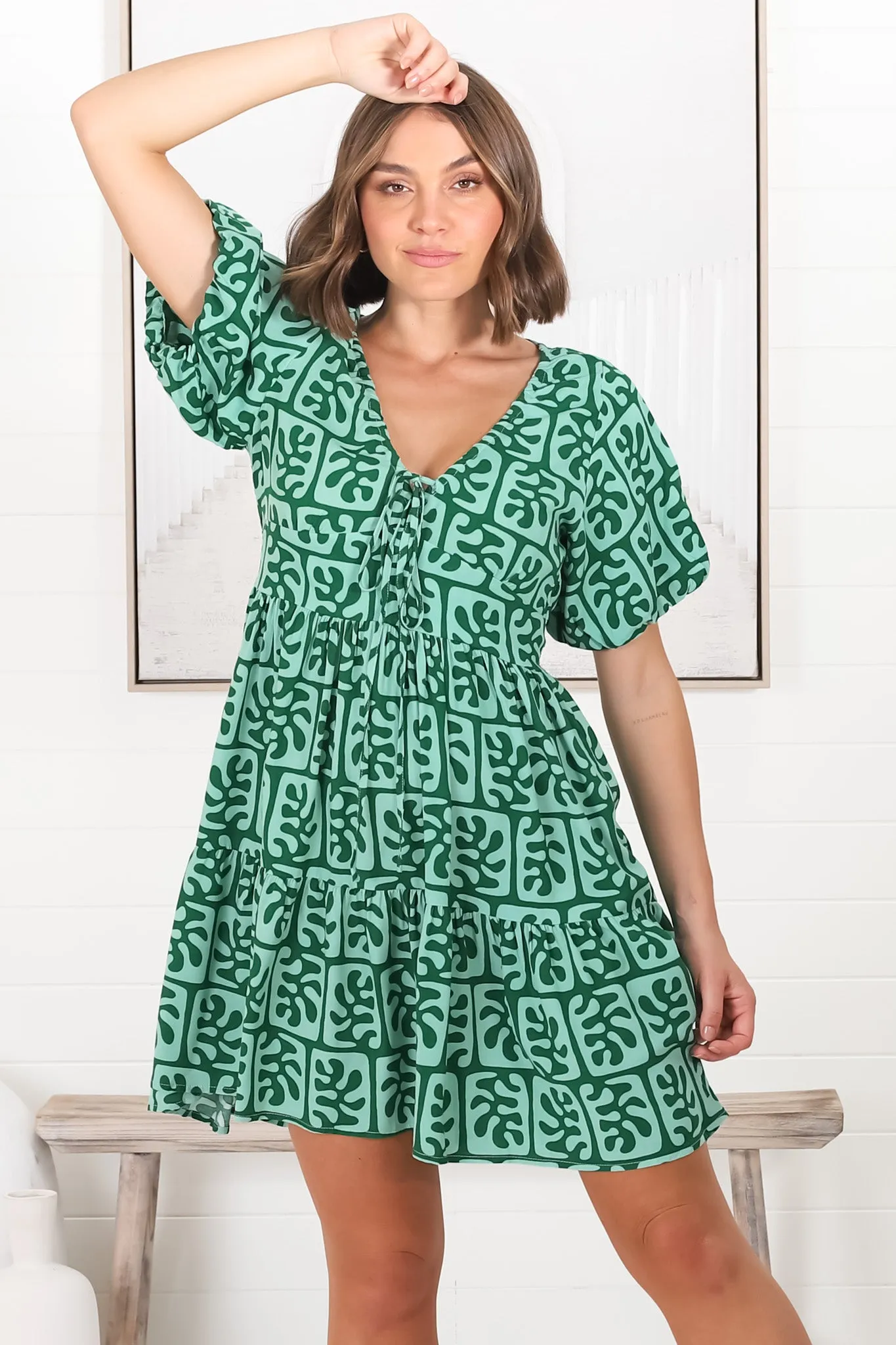 Lilly Mini Dress - Adjustable V Neckline Dress with Cap Sleeves in Davey Print Green sold by Salty Crush product image thumbnail 2
