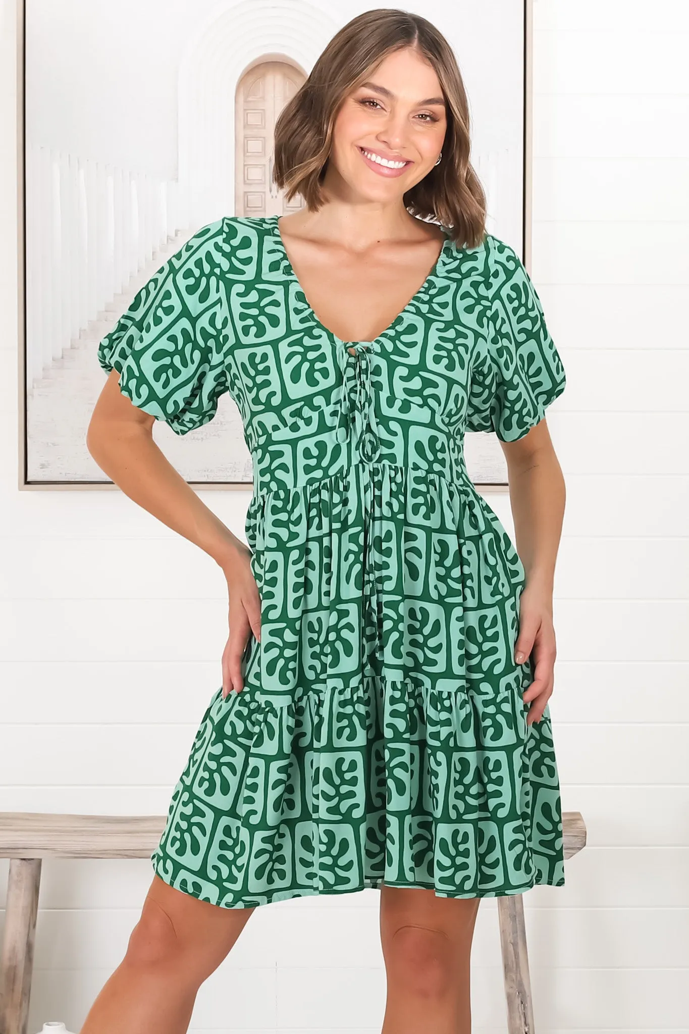 Lilly Mini Dress - Adjustable V Neckline Dress with Cap Sleeves in Davey Print Green sold by Salty Crush