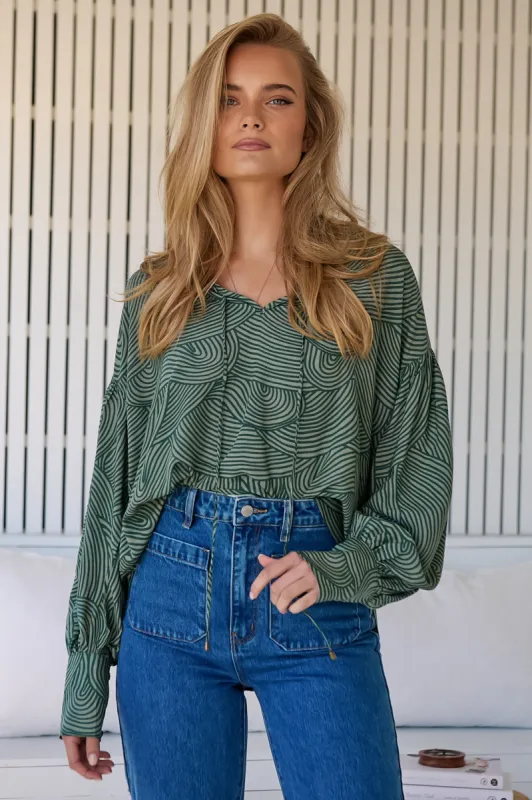 JAASE - Marfa Top: V Neck Pull Over Blouse with Neck Tie in Ishana Print sold by Salty Crush