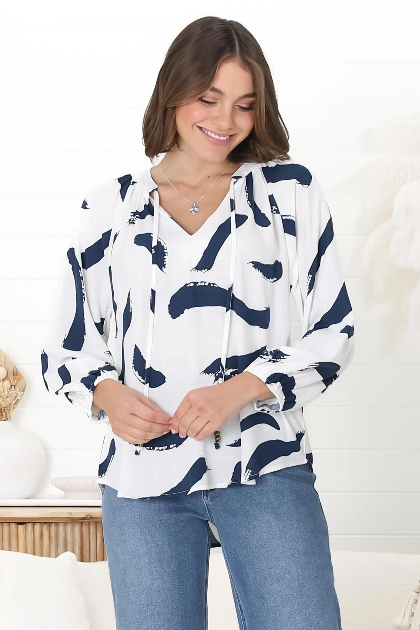 Silvie Blouse - Mandarin Collar V Neck Pull Over Blouse in Zala Print Navy sold by Salty Crush product image thumbnail 5