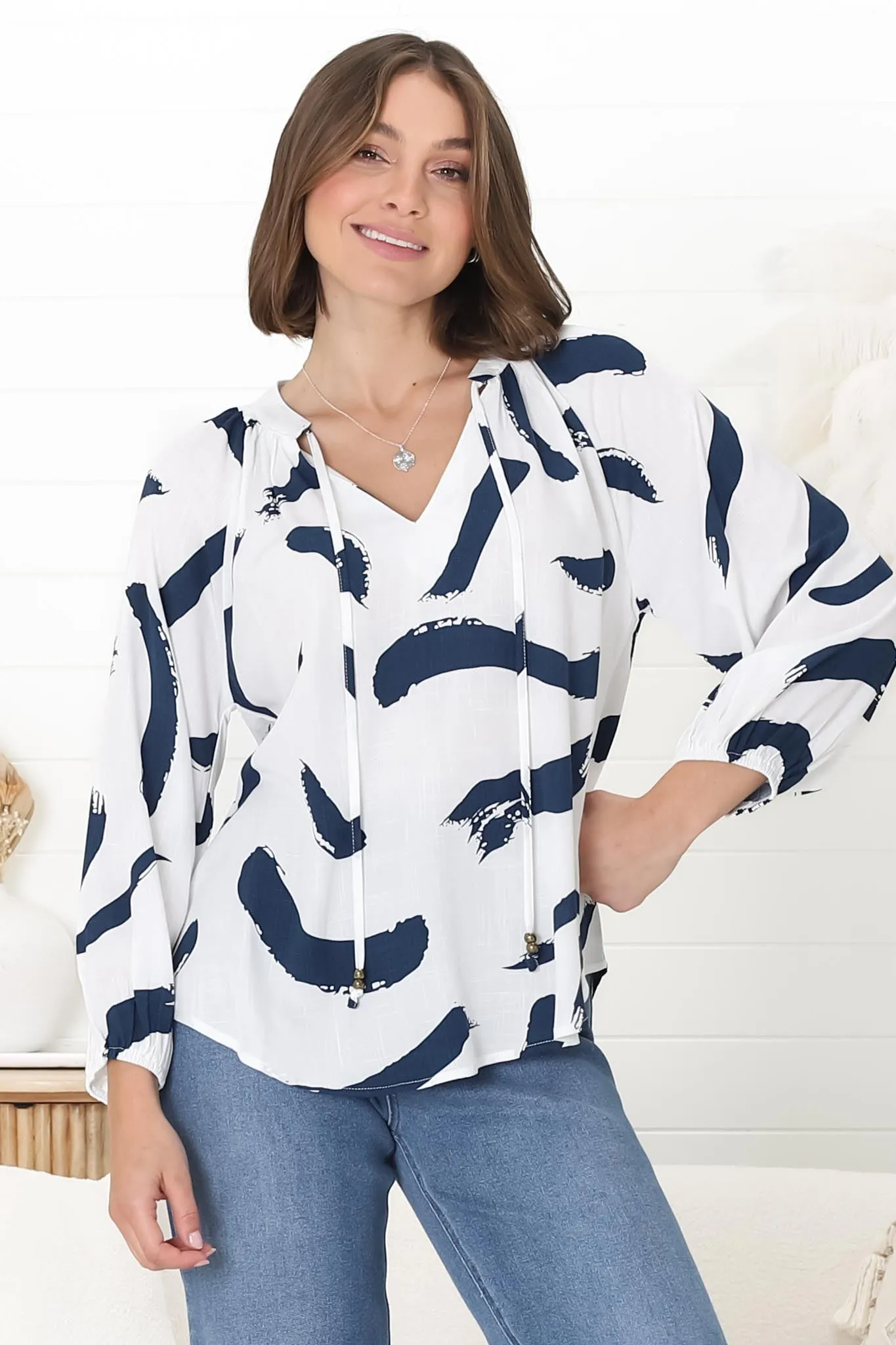 Silvie Blouse - Mandarin Collar V Neck Pull Over Blouse in Zala Print Navy sold by Salty Crush product image thumbnail 2