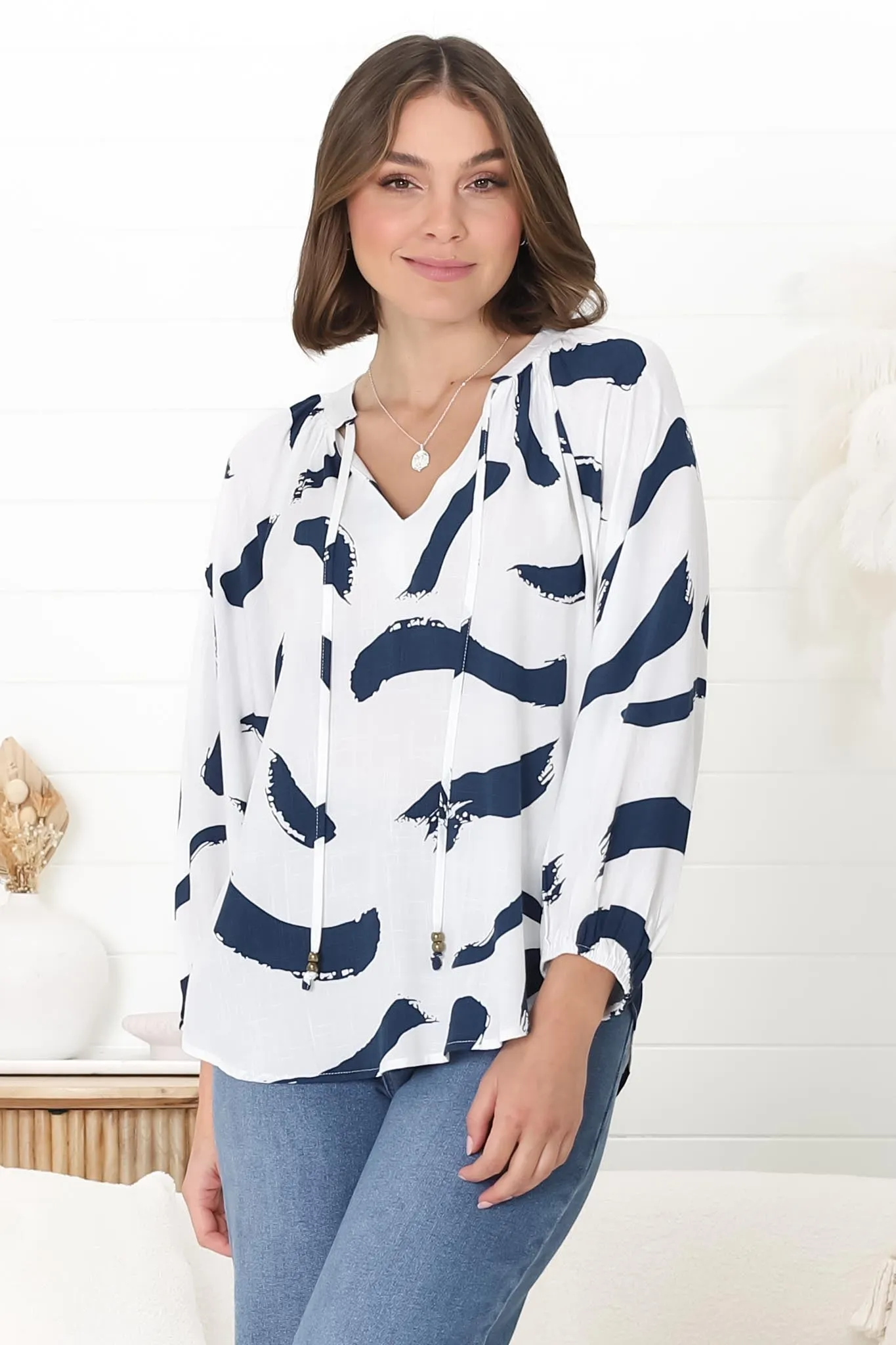 Silvie Blouse - Mandarin Collar V Neck Pull Over Blouse in Zala Print Navy sold by Salty Crush product image thumbnail 4