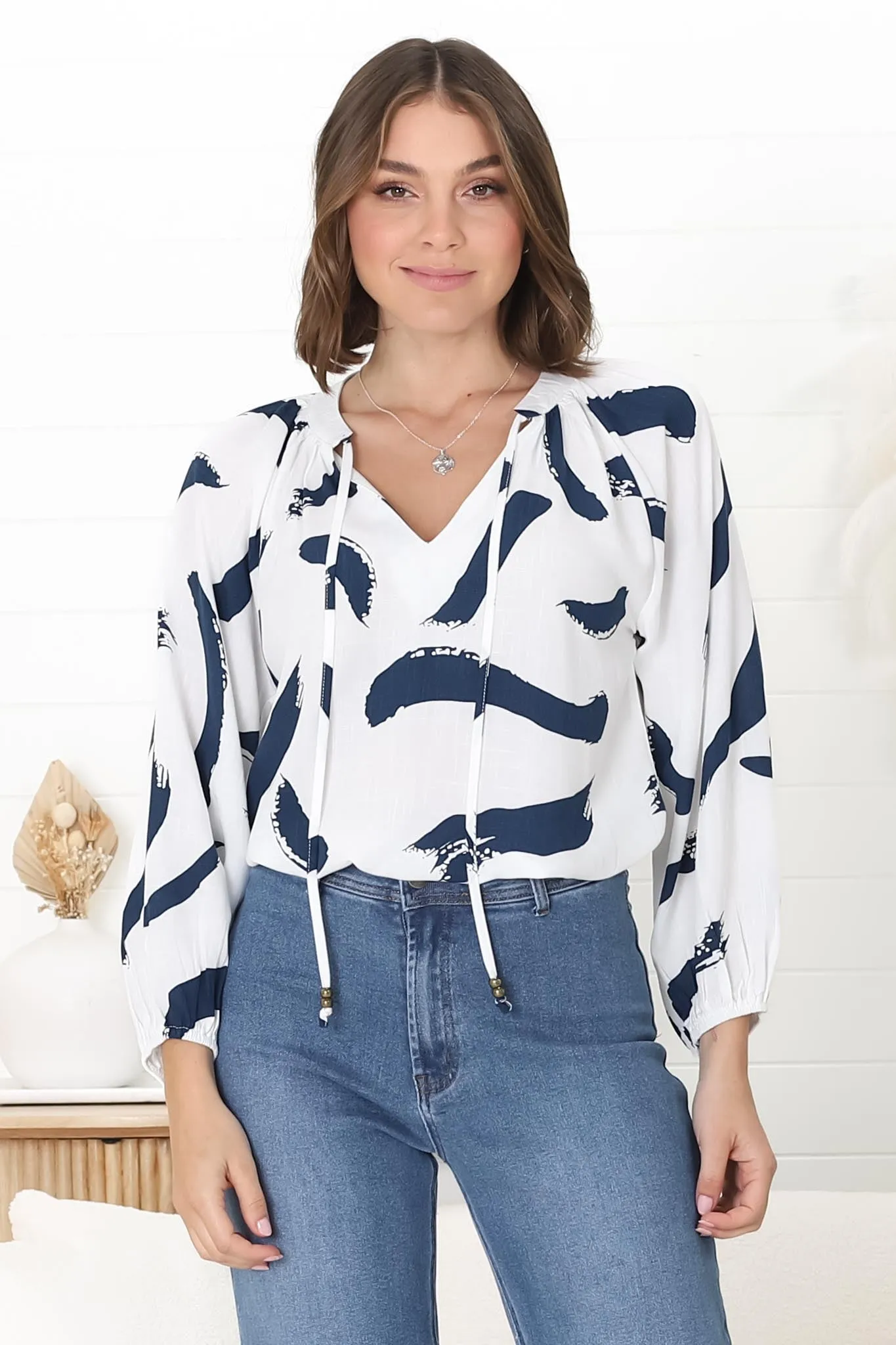 Silvie Blouse - Mandarin Collar V Neck Pull Over Blouse in Zala Print Navy sold by Salty Crush product image thumbnail 3