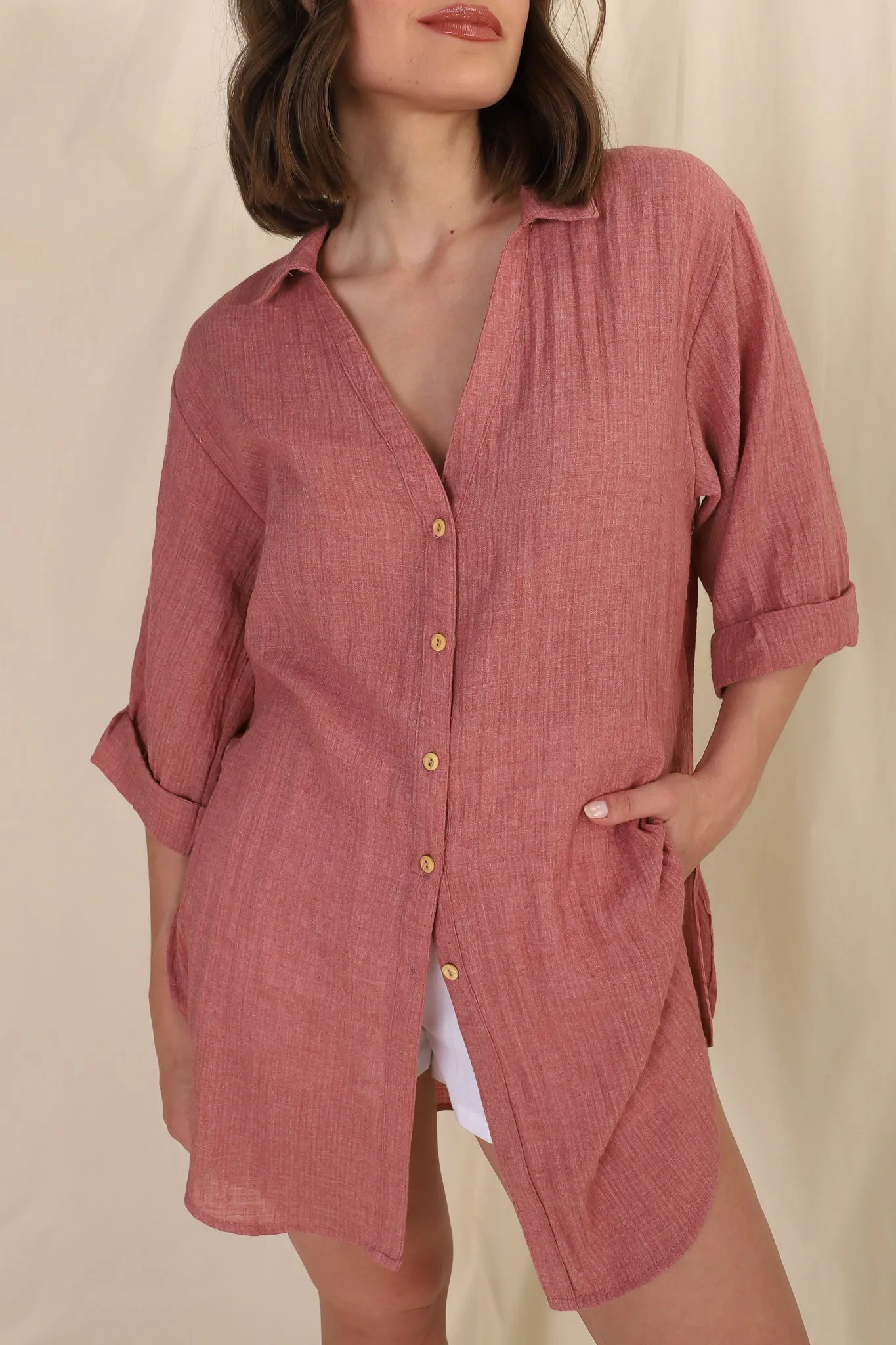 Beachly Shirt - Folded Collar Button Down Relaxed Shirt In Coral sold by Salty Crush product image thumbnail 3