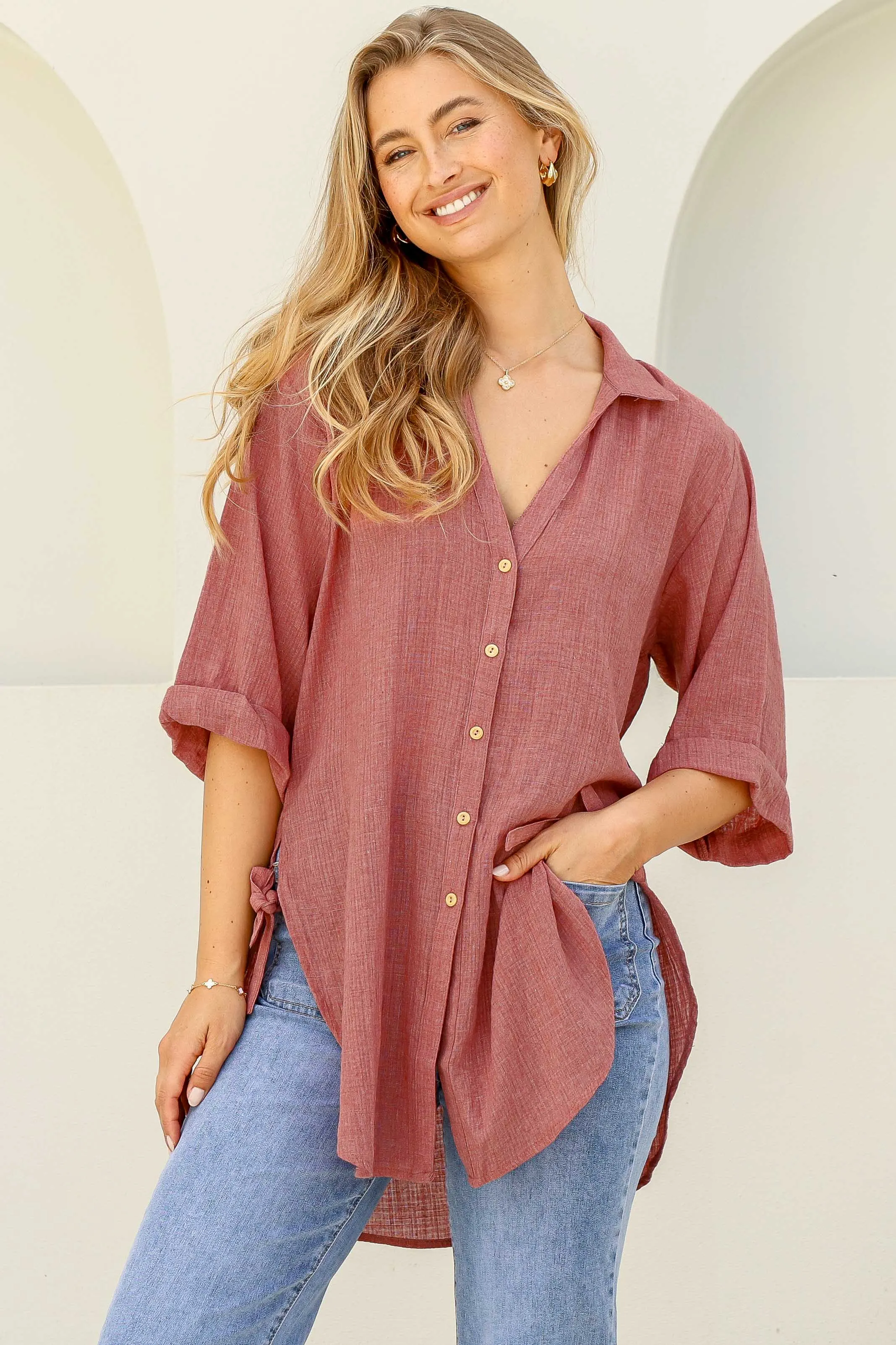 Beachly Shirt - Folded Collar Button Down Relaxed Shirt In Coral sold by Salty Crush product image thumbnail 2