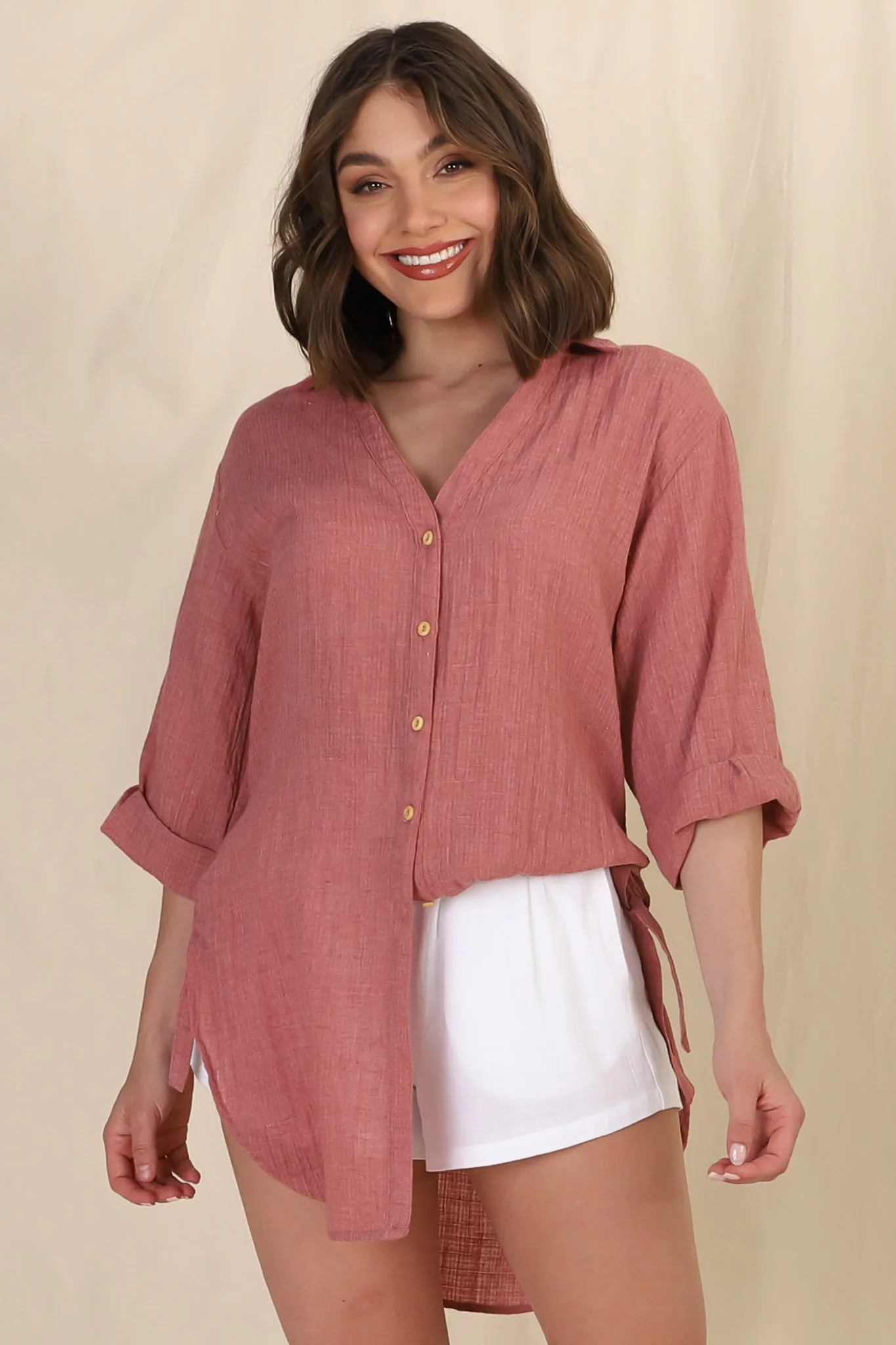 Beachly Shirt - Folded Collar Button Down Relaxed Shirt In Coral sold by Salty Crush