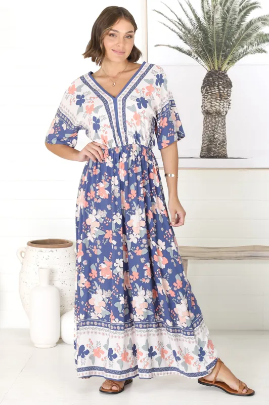 Gila Maxi Dress - Slouch V Neckline Short Sleeve A Line Dress in Gracen Print sold by Salty Crush