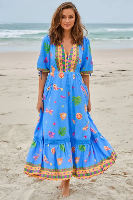 JAASE - Molli Maxi Dress: Button Down A-Line Dress with Tied Sleeves in Mati Print sold by Salty Crush