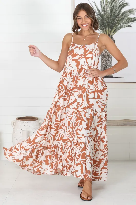 Kana Maxi Dress - Spaghetti Strap Asymmetric Tiered Dress in Charis Print Rust sold by Salty Crush