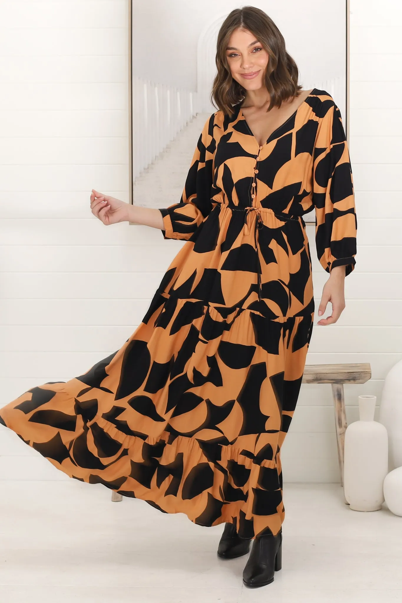 Irena Maxi Dress - V Neck 3/4 Sleeve Tiered Dress in Orange sold by Salty Crush product image thumbnail 3