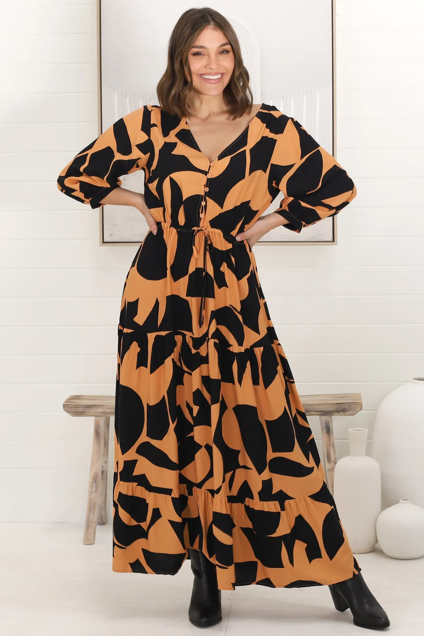 Irena Maxi Dress - V Neck 3/4 Sleeve Tiered Dress in Orange sold by Salty Crush product image thumbnail 4