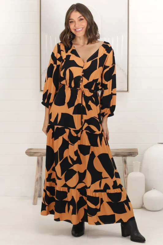 Irena Maxi Dress - V Neck 3/4 Sleeve Tiered Dress in Orange sold by Salty Crush