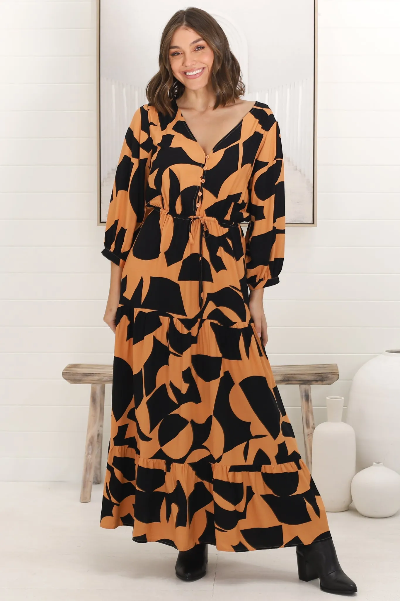 Irena Maxi Dress - V Neck 3/4 Sleeve Tiered Dress in Orange sold by Salty Crush