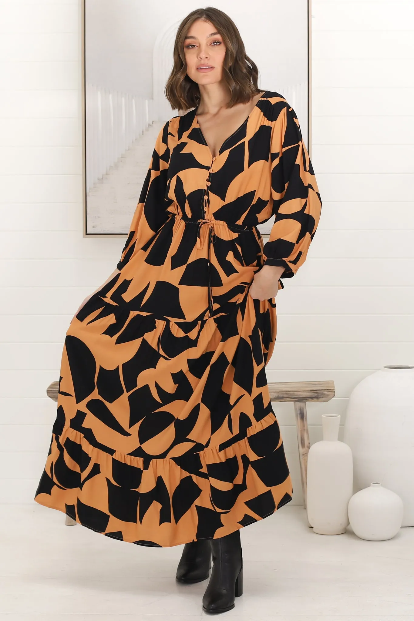 Irena Maxi Dress - V Neck 3/4 Sleeve Tiered Dress in Orange sold by Salty Crush product image thumbnail 5