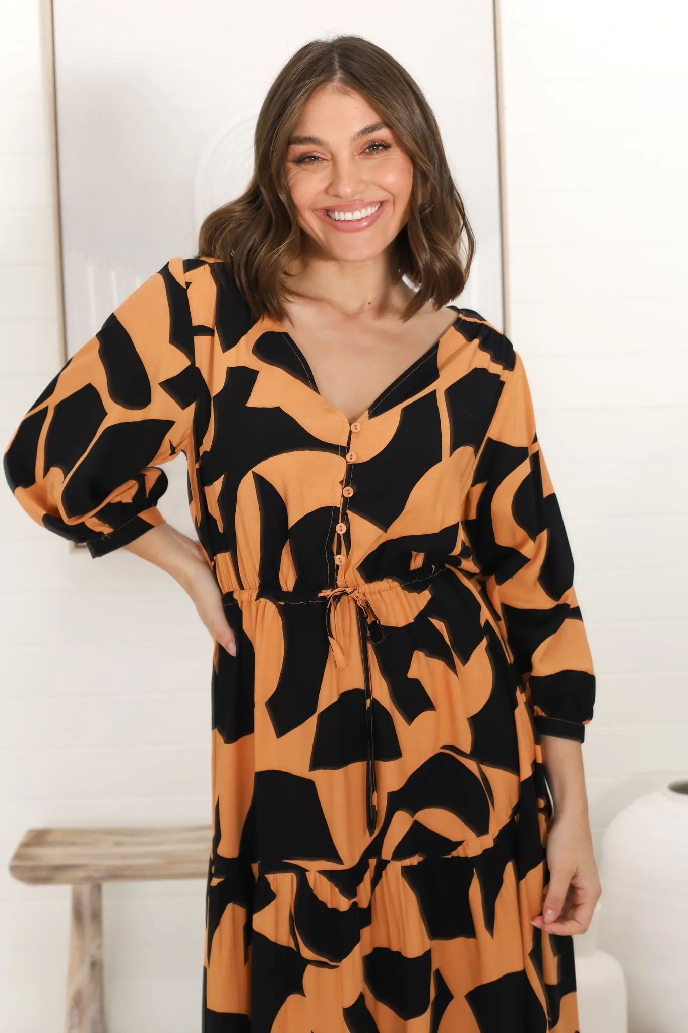 Irena Maxi Dress - V Neck 3/4 Sleeve Tiered Dress in Orange sold by Salty Crush product image thumbnail 2