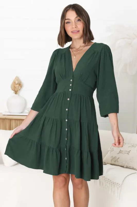 Soho Mini Dress -  A Line Button Down Tiered Dress In Emerald sold by Salty Crush