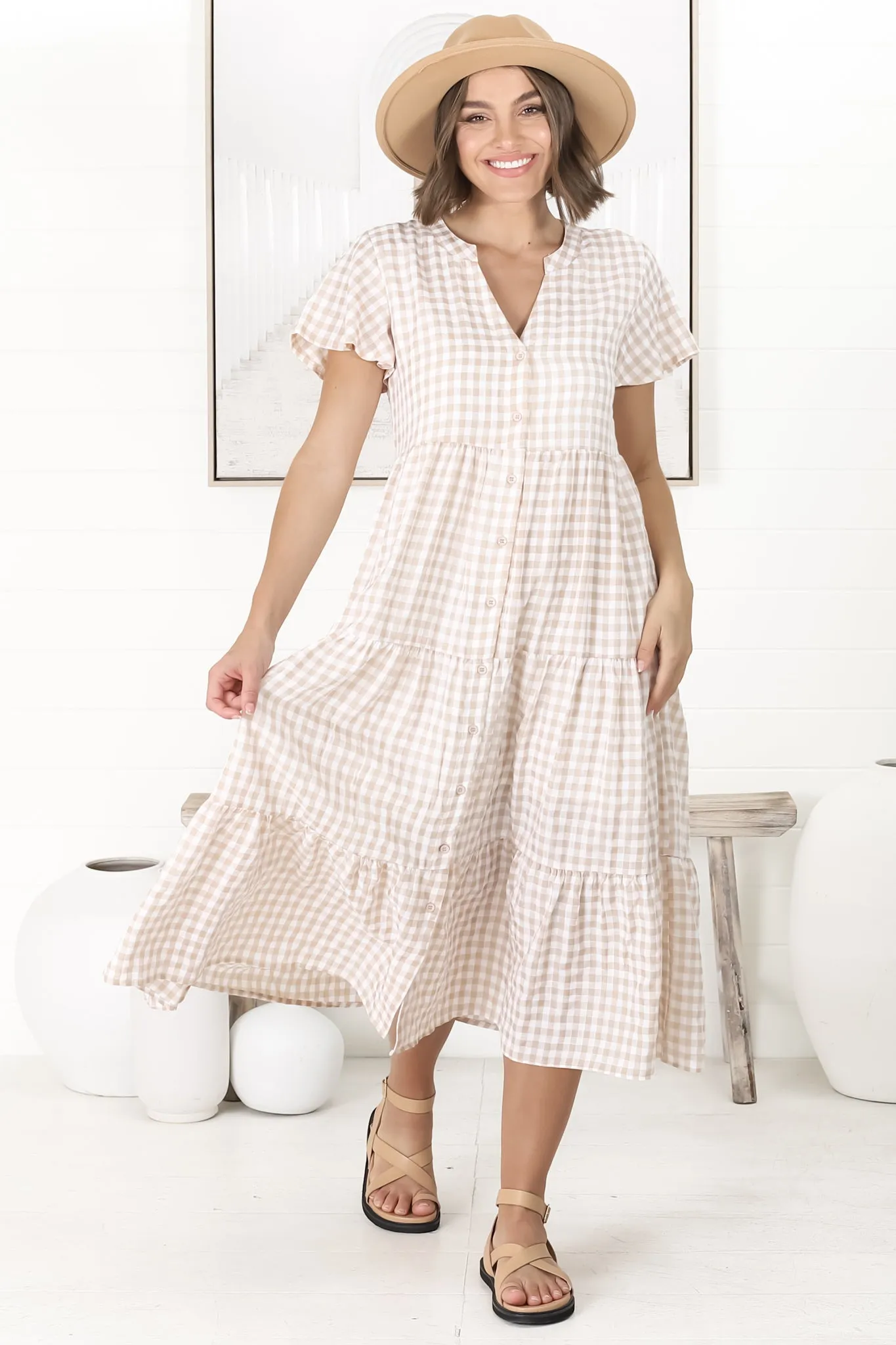 Milla Midi Dress - Tiered Button Down Dress in Gingham Mistee Print Beige sold by Salty Crush product image thumbnail 5