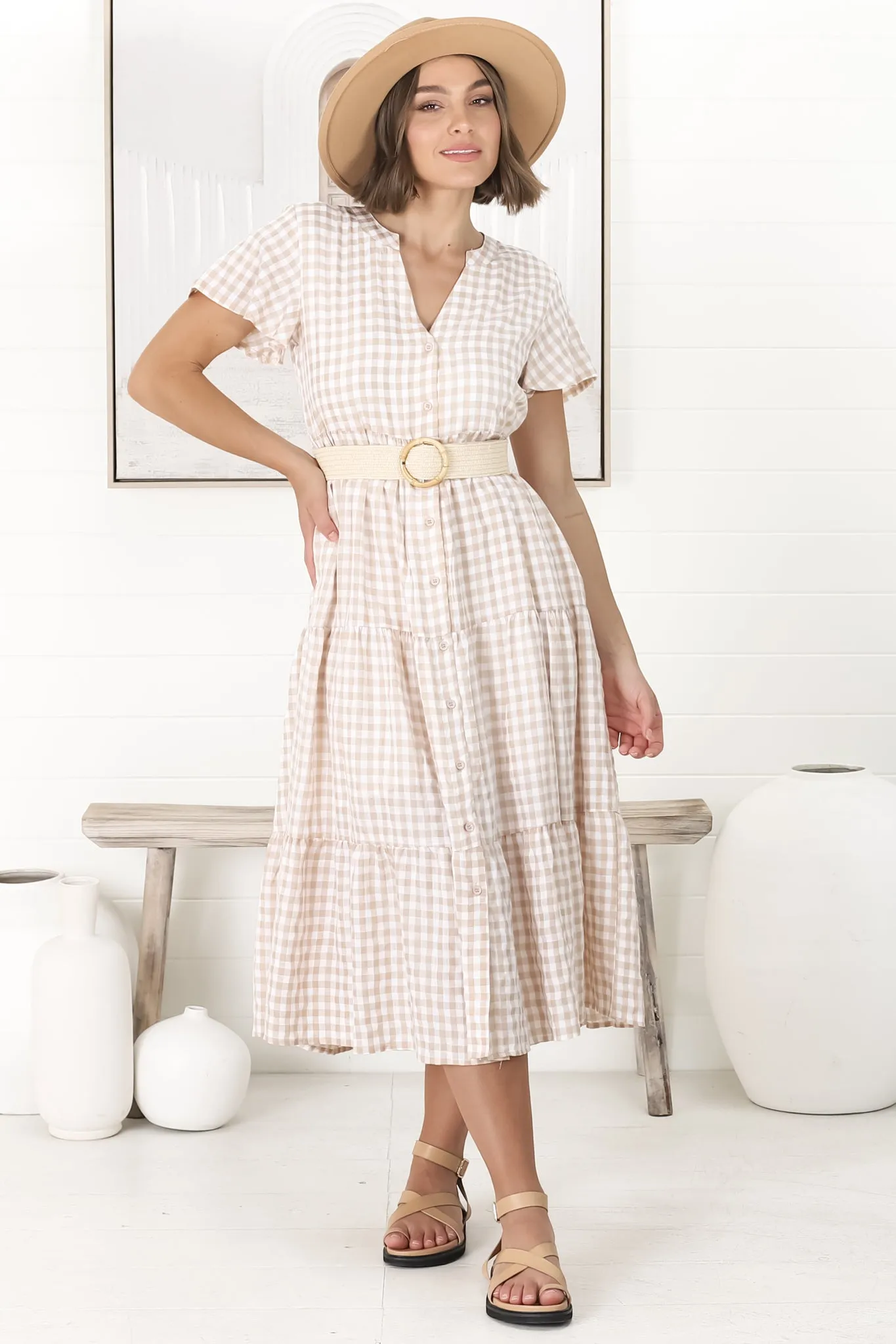 Milla Midi Dress - Tiered Button Down Dress in Gingham Mistee Print Beige sold by Salty Crush product image thumbnail 4