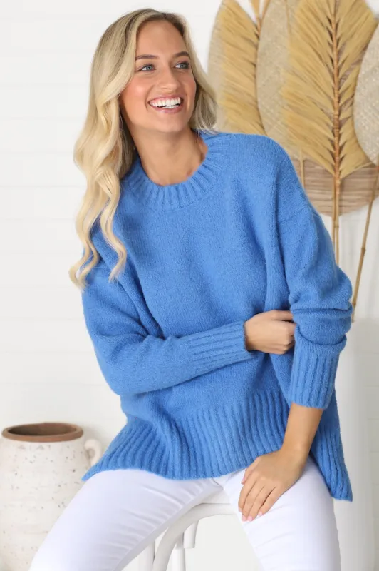 Sammy Jumper - Crew Neck Ribbed Shark Bite Hemline Jumper in Blue sold by Salty Crush