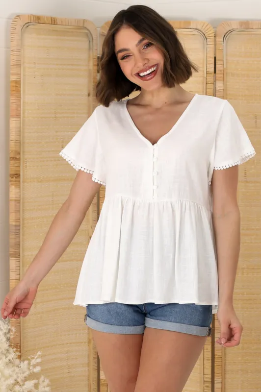 Verity Top - Crochet Trim Cap Sleeve Smock Top in White sold by Salty Crush