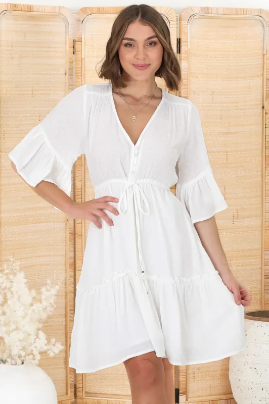 Fay Mini Dress - Pull Tie Waist A Line Dress with Frill Tier Hemline in White sold by Salty Crush