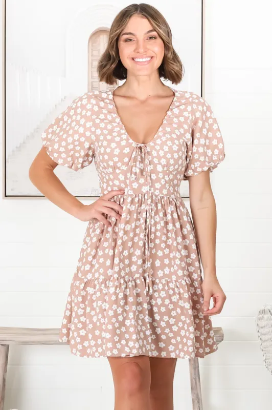 Lilly Mini Dress - Adjustable V Neckline Dress with Cap Sleeves in Gellina Print Fawn sold by Salty Crush