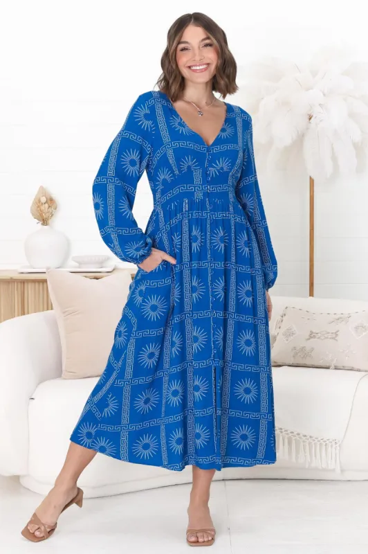 Bello Midi Dress - Button Through Dress with Balloon Sleeves in Astra Print Blue sold by Salty Crush