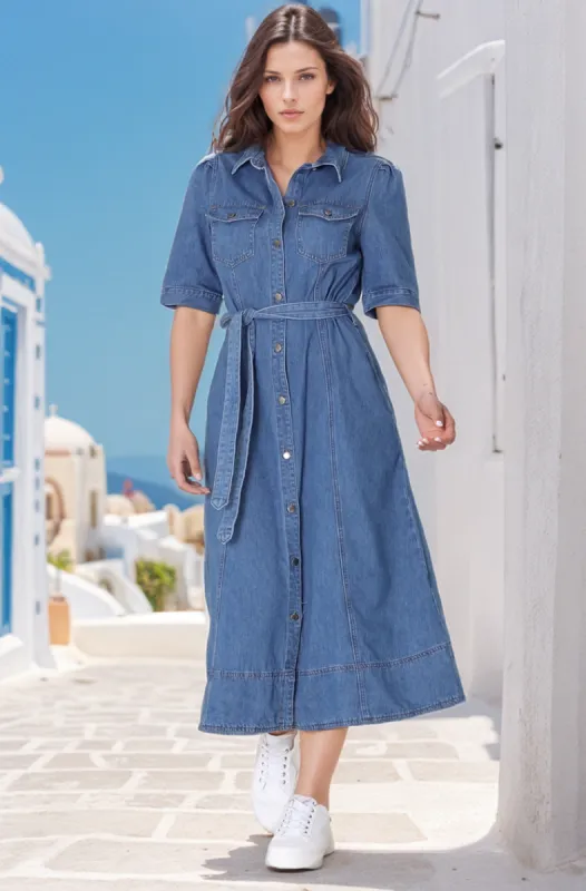secret mission button down belted denim midi dress Candice Denim Midi Dress - Short Sleeve Button-Down Dress with Belt in  Medium Denim