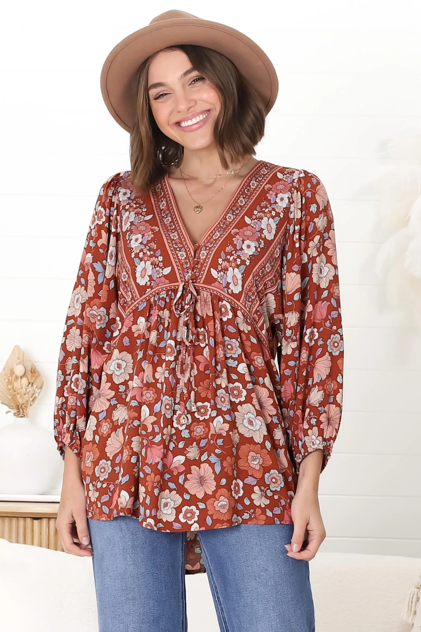 Joelle Top - V Neck High-Low Top in Anissa Print Rust sold by Salty Crush product image thumbnail 4