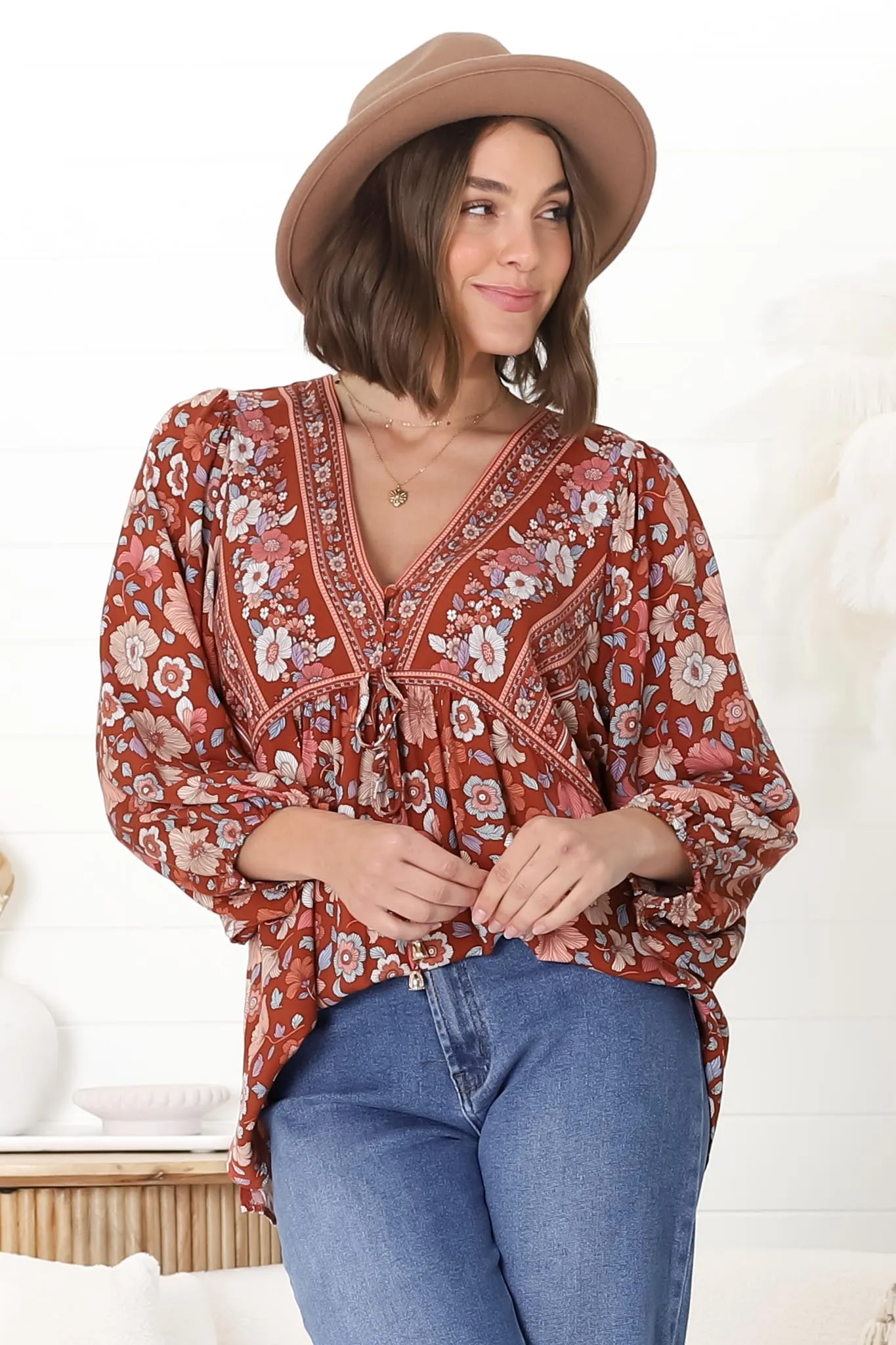 Joelle Top - V Neck High-Low Top in Anissa Print Rust sold by Salty Crush product image thumbnail 5